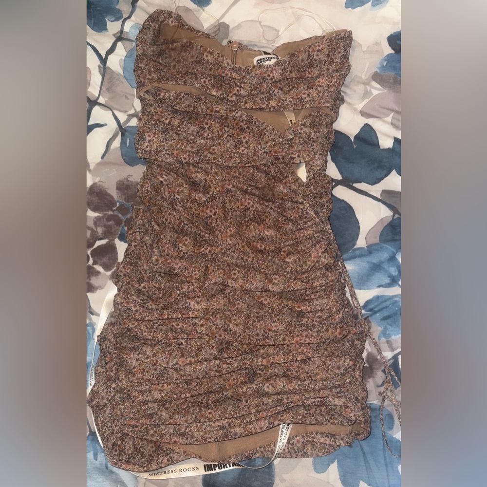 Elegant Strapless Floral Dress in Brown and Pink Beauty Ditsy Print / S